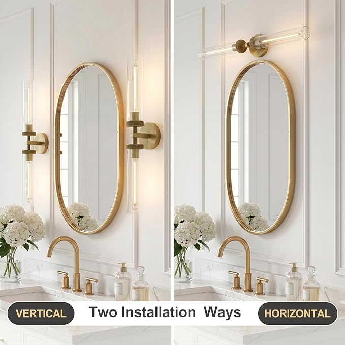 Brass Gold 2-Light Knurled Wall Sconces, 30in Double Glass Sconces Wall Lighting, Bathroom Vanity Light Sconces, Wall Lights for Living Room Bedroom Hallway Kitchen Bathroom Mirror