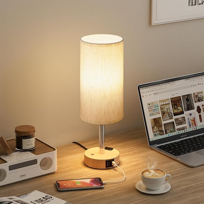 Touch Bedside Table Lamp with Memory - Stepless Dimmable Lamp for Bedroom, Small Nightstand Lamp with Dual USB Charging Ports and AC Outlet, Wood Night Light, Deak Lamp for Nursery, Living Room, Dorm