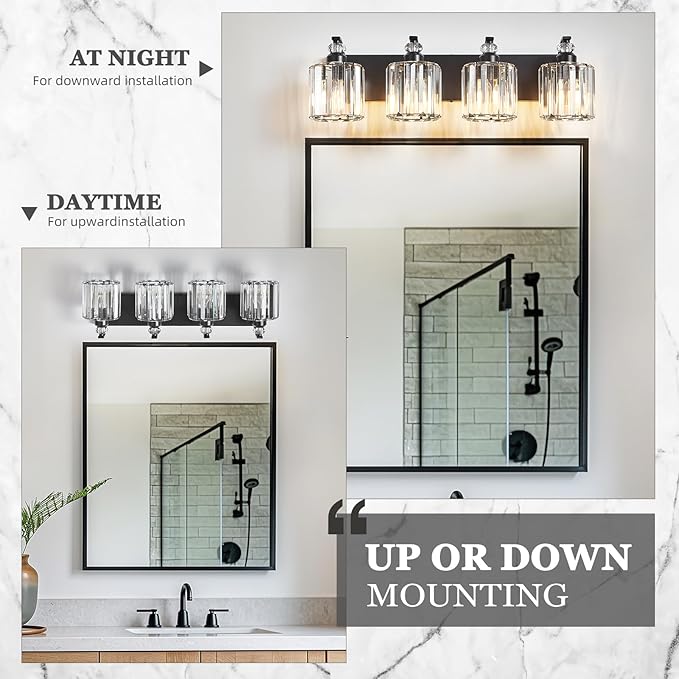 4-Light Black Bathroom Light Fixture Modern Vanity Lights Over Mirror Vintage Wall Sconce Lighting for Bathroom, Bedroom, Living Room, Hallway E26 Base with Crystal Bathroom Vanity Light