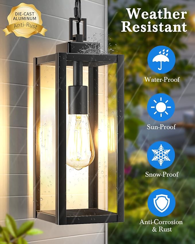 15'' Large Motion Sensor Outdoor Pendant Lights, Dusk to Dawn Modern Outside Chandelier Outdoor Hanging Lantern with Clear Glass, Exterior Pendant Lighting Fixture for Porch, Yard, Black, 1Pack