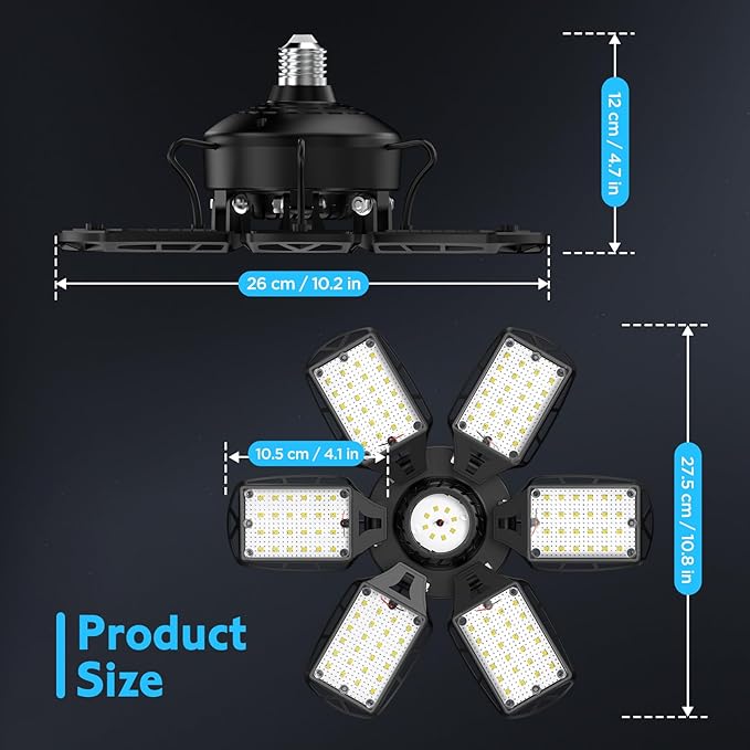 LED Garage Lights 2 Pack, 18000LM 180W Deformable Shop Light with 6+1 Adjustable Panels, 6500K Daylight White Ceiling Light for E26 Base, Ideal for Garage/Basement/Barn