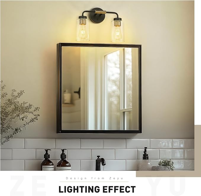 zeyu 2-Light Modern Vanity Lighting Fixture, 14 Inch Black and Gold Bathroom Light Fixture with Clear Glass Shade, ZS62B-2W BK+BG