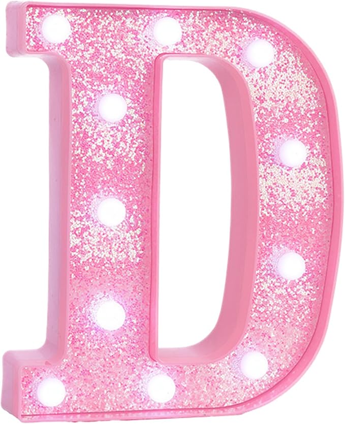 Pink Marquee Light Up Letters, Glitter Alphabet LED Letter Lights for Pink Birthday Party Decorations, Battery Operated Letter Sign for Girls Room Vanity Table Decor, Cool White Lights Letter D
