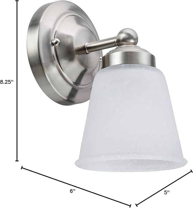 Aspen Creative 62012-1, One-Light Metal Bathroom Vanity Wall Light Fixture, 5" Wide, Transitional Design in Satin Nickel with Frosted Seeded Glass Shade