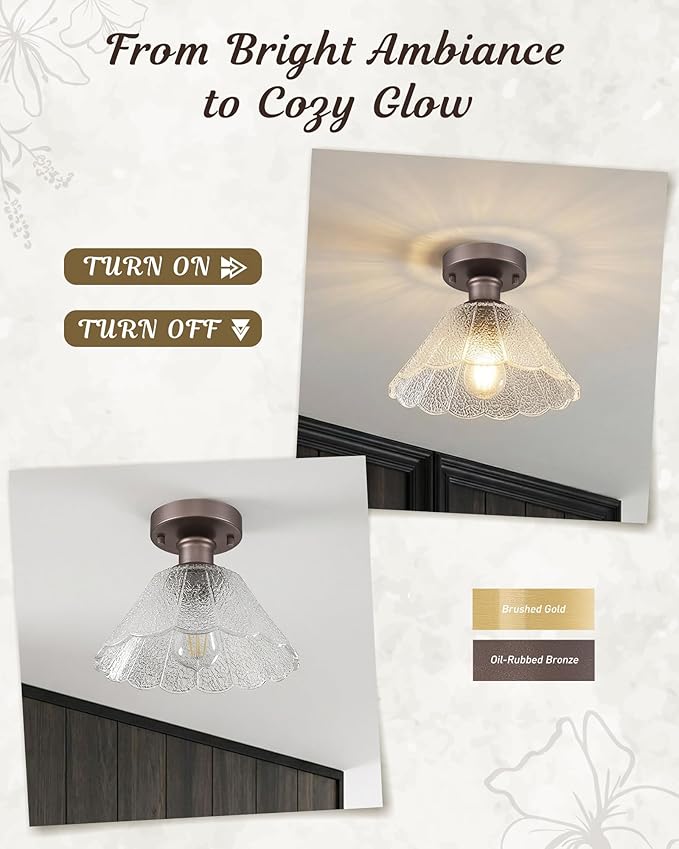 Farmhouse Flush Mount Ceiling Light, HWH 1-Light Semi Flush Mount Ceiling Lights with Clear Floral Glass, 10 Inch Ceiling Light Fixtures, Oil-Rubbed Bronze Finish, 5HJX110F ORB