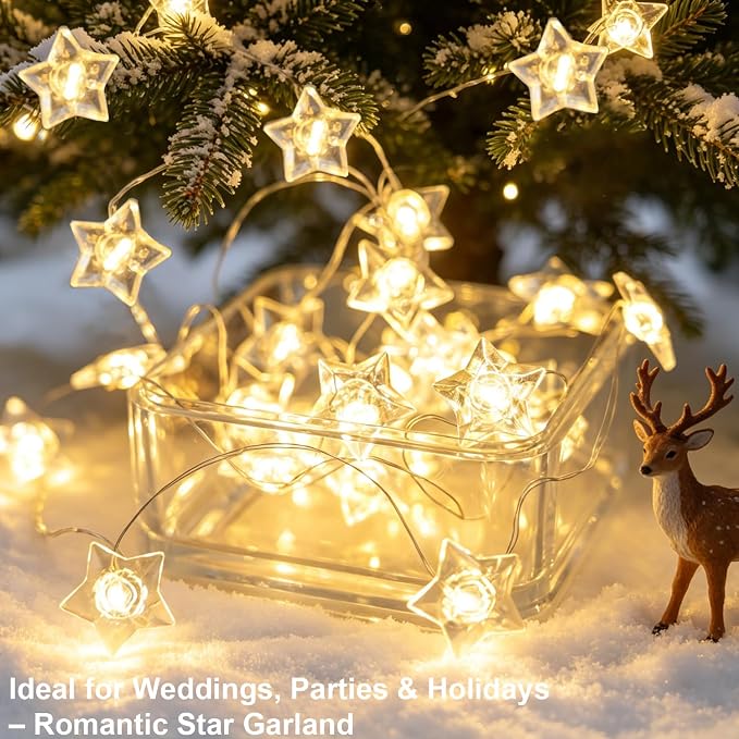 BOHON Star Fairy Lights Battery Operated 40 LED String Lights Warm White | 13 FT Warm White Star Garland Twinkle Lights for Bedroom Indoor Dorm Classroom Curtain Cute Room Wedding Decor, with Timer