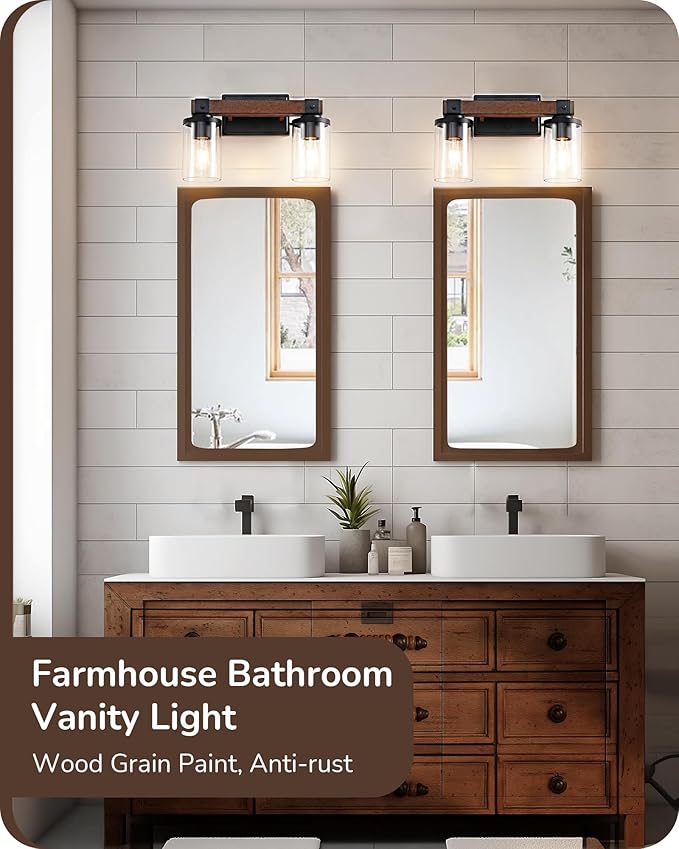 EDISHINE Farmhouse Vanity Lights for Bathroom, 2-Light Bathroom Vanity Light Fixtures Over Mirror, Painted Wood Bath Wall Sconces Lamp with Clear Glass Shade for Bedroom, Powder Room