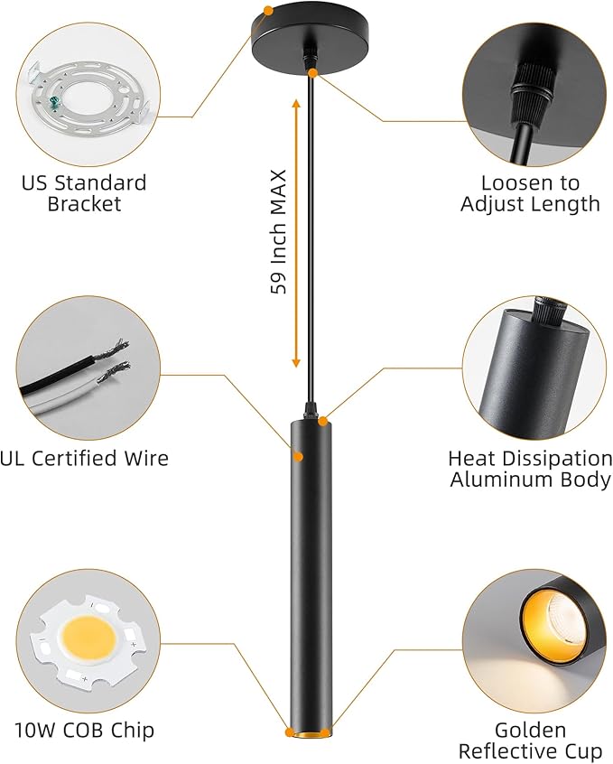 3 Pack LED Pendant Lights, UPZXKJ10W Dimmable Modern Black Hanging Light Fixture, Minimalist Aluminum Ceiling Spotlight for Kitchen Island, Bar, Bedroom, 4000K Neutral White, ETL Listed
