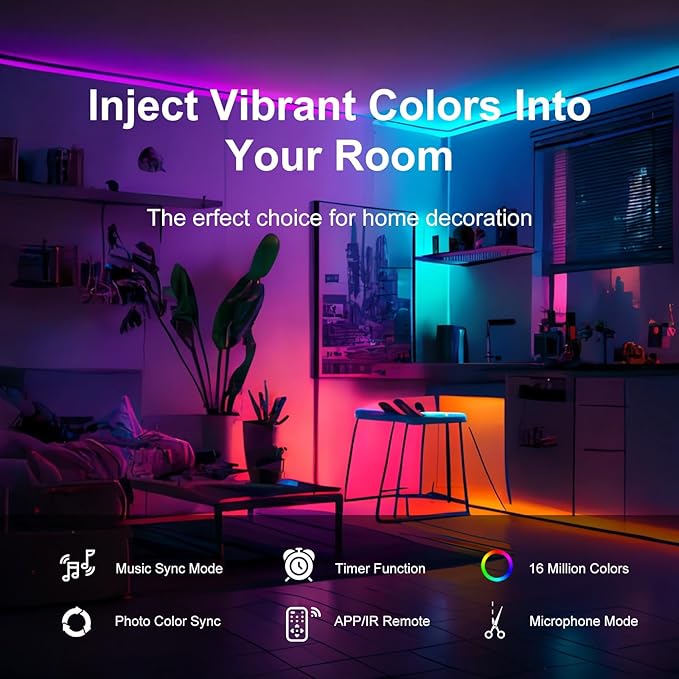 100 FT Led Lights for Bedroom, Music Synchronized RGB Bluetooth LED Lights, Smart Application and Remote Control Color Change LED Light Strips, Used for Home Room Lighting Decoration
