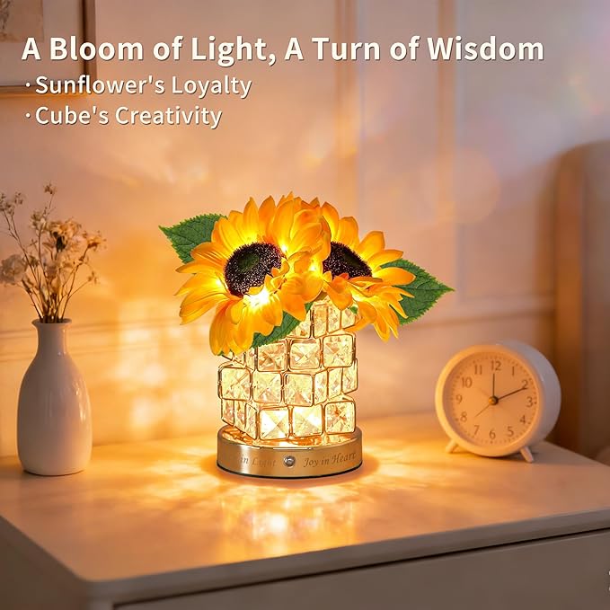 Sweet Mother’s Day Gifts Sunflower Crystal Cube Lamp,3 Color Dimmable Small Night Light, Rechargeable Cordless Touch Flower Table Lamp for Festival Restaurant Bedroom Bar Cafe Home Decor