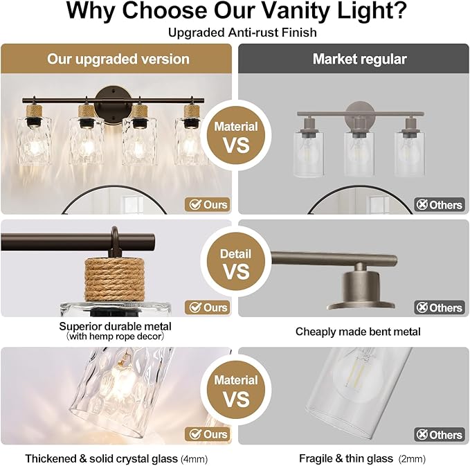 MOKATNG Bathroom Light Fixtures, 4-Light Coastal Vanity Lights with Crystal Glass Shade, Oil-Rubbed Bronze Bathroom Wall Lamp for Mirror Kitchen Hallway Cabinet