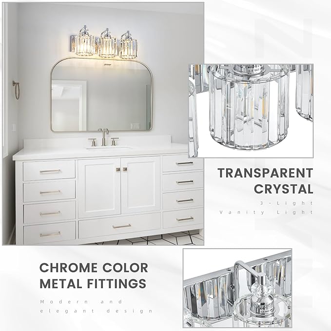 3-Light Modern Bathroom Light Fixture Chrome Bathroom Vanity Lights Over Mirror Wall Sconce Lighting with K9 Crystal Shades E26 Base for Bedroom, Living Room, Hallway, Cabinet Wall Lamp