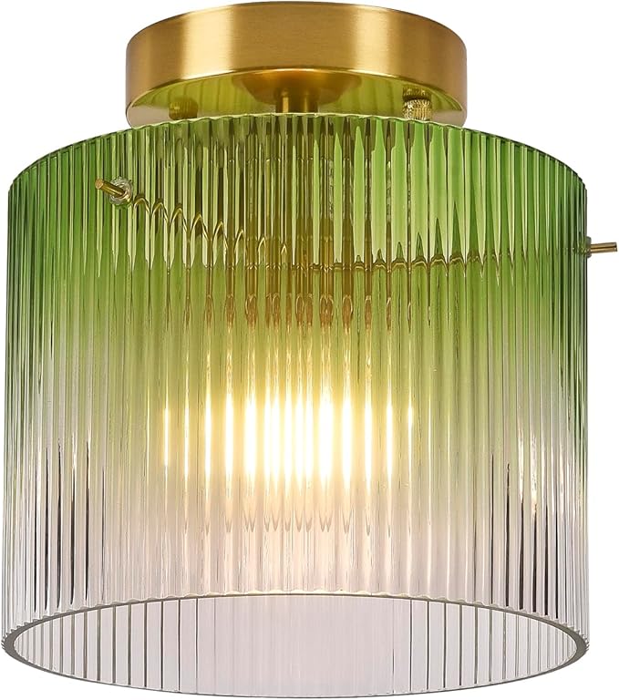 Modern Semi Flush Mount Ceiling Light, Vintage Gradient Green Glass Ceiling Light Fixture, for Closet Dining Room Kitchen Bedroom Entryway Hallway Hanging Lamp