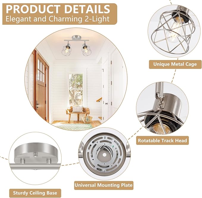 2-Light Brushed Nickel Semi Flush Mount Ceiling Light, Hallway Light Fixtures with Metal Wire Cage, Vintage Adjustable Track Spotlight Ceiling Fixtures for Dining Room, Farmhouse, Entryway