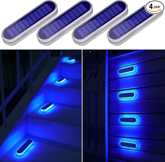 YiLaie Blue Solar Lights for Outside Stick on Boat Dock Deck Step Driveway Strip Lights Solar Powered Outdoor Waterproof Stair Post Ground Pathway Walkway Accessories Auto ON/Off（4 Pack）