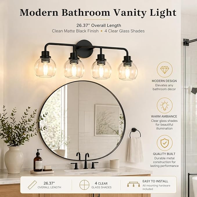 DORESshop Built to Last 20 Years Bathroom Light Fixtures, 4-Light Vanity Lights Over Mirror, Black Wall Lamp with Clear Glass for Living Room Decor Bedroom Porch Cabinet