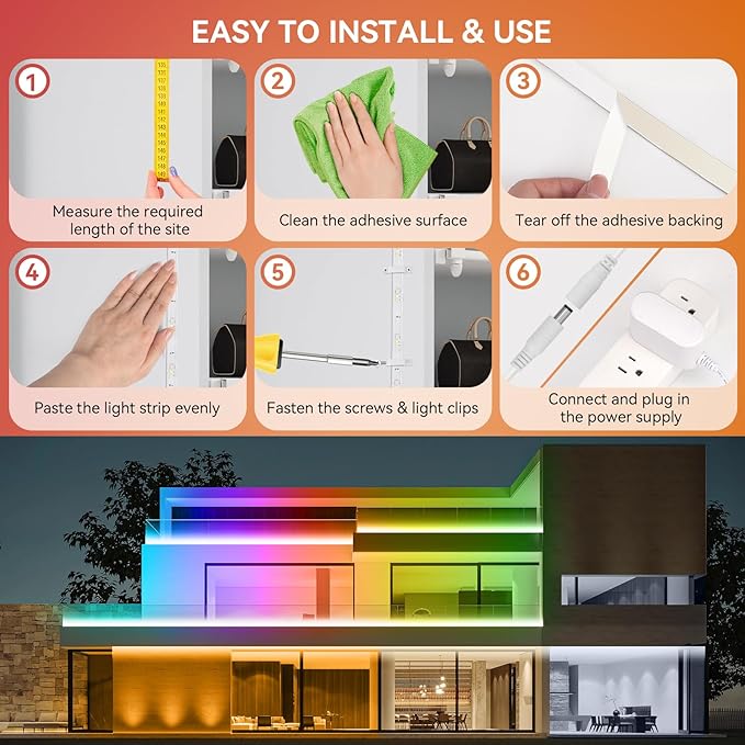 50Ft Outdoor RGBWW+IC LED Strip Lights, IP67 Waterproof Multi-Colored+3000K-6500K 24V LED Lights with Remote and APP, Music Sync Color Changing LED Tape Lights,DIY Strip Lighting for Courtyard Garden