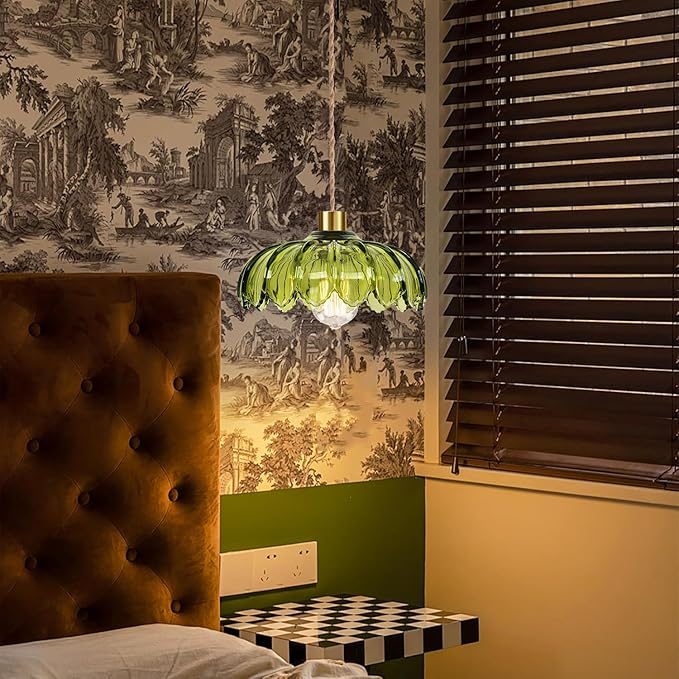 QIYIZM Plug in Pendant Light Hanging Lights with Plug in Cord Boho Hanging Lamp Glass Gold Mid Century Modern Vintage Dimmable Green Flower Plug in Chandelier Ceiling Fixture for Living Room,Kitchen