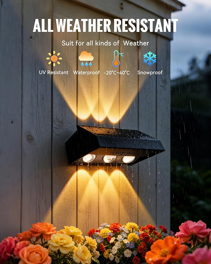 Solar Fence Lights Outdoor 4 Pack, 3 Modes 3000K/4500K/6000K, Up and Down Fence Lights Solar Powered for Outside, Deck Lighting for for Backyard/Garden/Patio/Garage Wall Decor