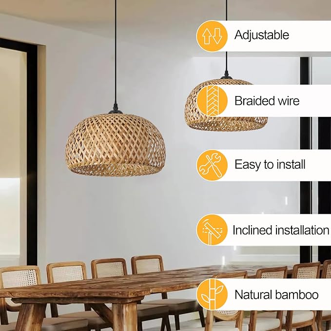 TERLEENART Bamboo Pendant Light,1pcs Boho Round Basket Chandelier Handmade Woven Pendant Light, Natural Bamboo Rattan Hanging Chandelier for Kitchen Island Dining Room Living Room Porch