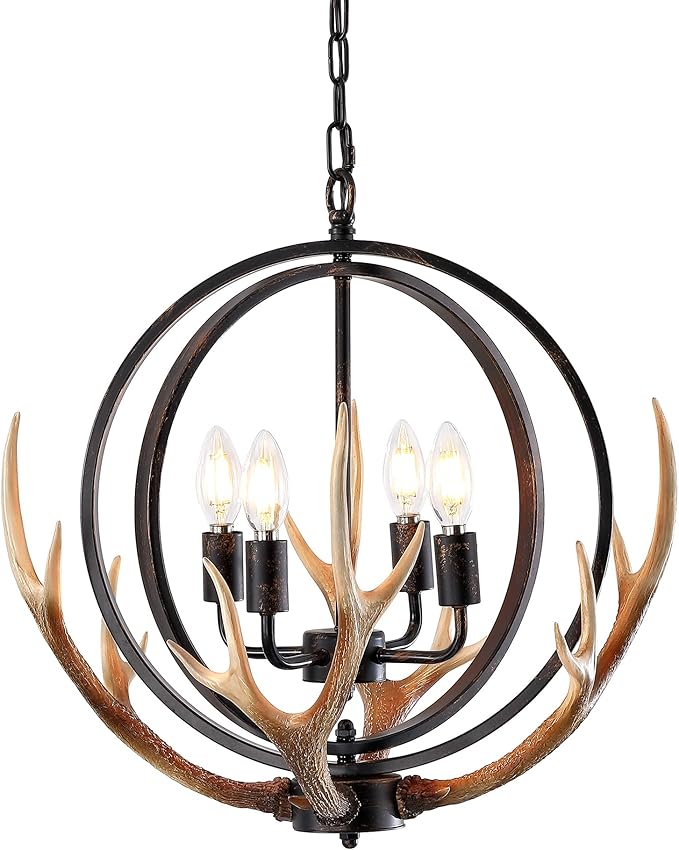Farmhouse Antler Pendant Light – 19.3"x18.1" Metal Globe and Resin Antlers, E12 Base, Brown Indoor Hanging Light for Kitchen Dining Room
