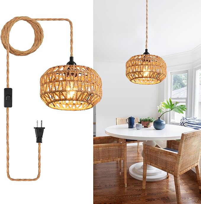 Plug in Pendant Light, Industrial Hanging Light with Plug in Cord Hemp Rope On/Off Switch Farmhouse, Vintage Hanging Lamps for Dining Room