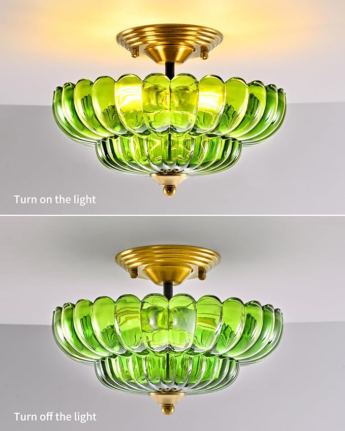 Black Semi Flush Mount Ceiling Light with Green Glass Shades, 3-Light Modern Farmhouse Lighting Fixture for Kitchen, Bathroom, Hallway, and Entryway