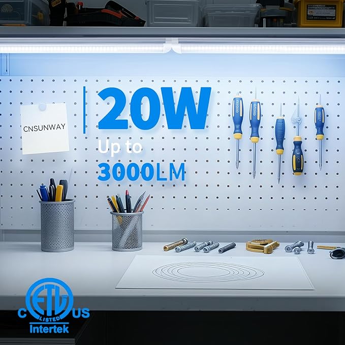 CNSUNWAY LED Shop Lights 2FT, 20W High-Efficiency Under Cabinet Lighting 6500K Cool White, V-Shaped Linkable T8 Shop Light for Workbench, Kitchen, Workshop, Basement, ETL Listed (6 Pack)