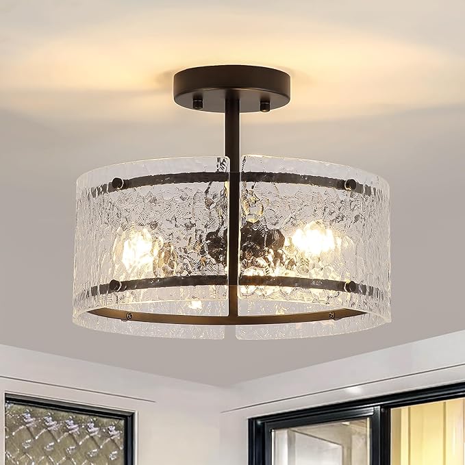Black Semi Flush Mount Ceiling Light, 3-Light Foyer Lighting Fixtures, 12.6" Glass Hallway Entryway Ceiling Light Fixture for Dining Room Kitchen Bedroom Living Room