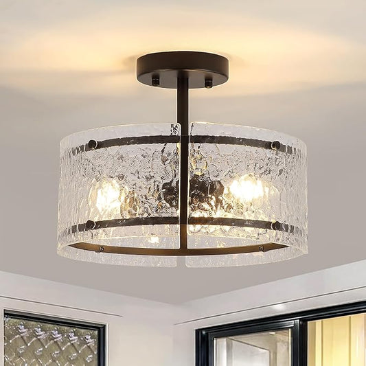 Black Semi Flush Mount Ceiling Light, 3-Light Foyer Lighting Fixtures, 12.6" Glass Hallway Entryway Ceiling Light Fixture for Dining Room Kitchen Bedroom Living Room