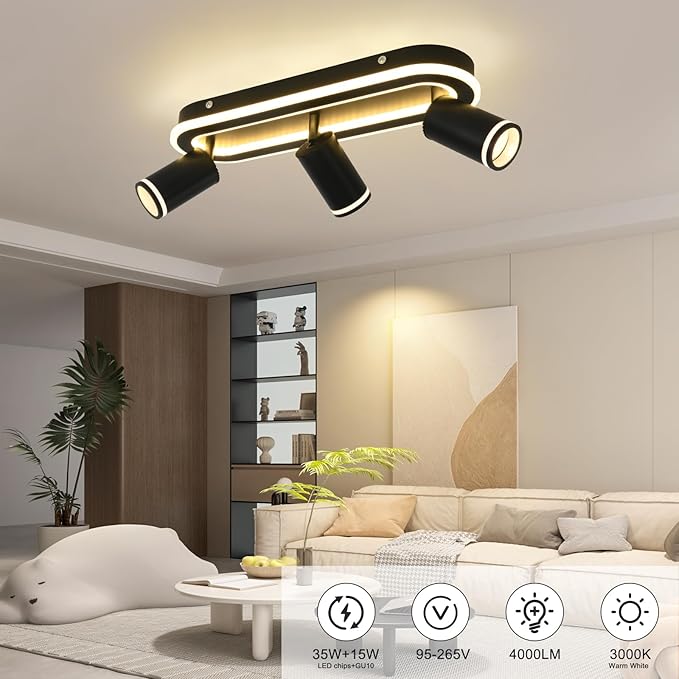 LED 3 Light Track Lighting Spotlight Kit, Black Ceiling Spotlights, Modern Track Light Fixture with Flexibly Rotatable Light Heads, 35W+15W Dual Lighting for Kitchen Living Room,Includes 3 x GU10 Bulb