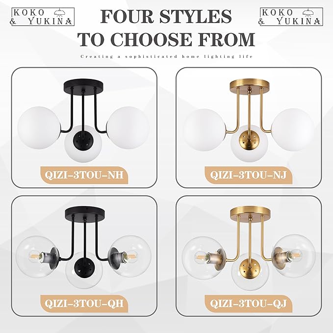KoKo&Yukina 3-Light Semi Flush Mount Ceiling Light Globe Ceiling Light Mid Century Ceiling Light with Opal Milk Glass Globe & Brushed Brass for Bedroom Hallway Entryway Kitchen Living Room-Bulb Incl