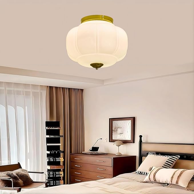 LIGHTLAND Milk Glass Ceiling Light, 15 Inch 3-Light Metal Glass Flush Mount Ceiling Light Fixture for Entryway, Hallway, Living Room, Bedroom (Style C, White)