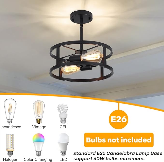 Industrial Black Semi Flush Mount Ceiling Light,Farmhouse Kitchen Lighting, Sloped Ceilings Lights Fixtures for Dining Room Hallway Entryway, 2-Light