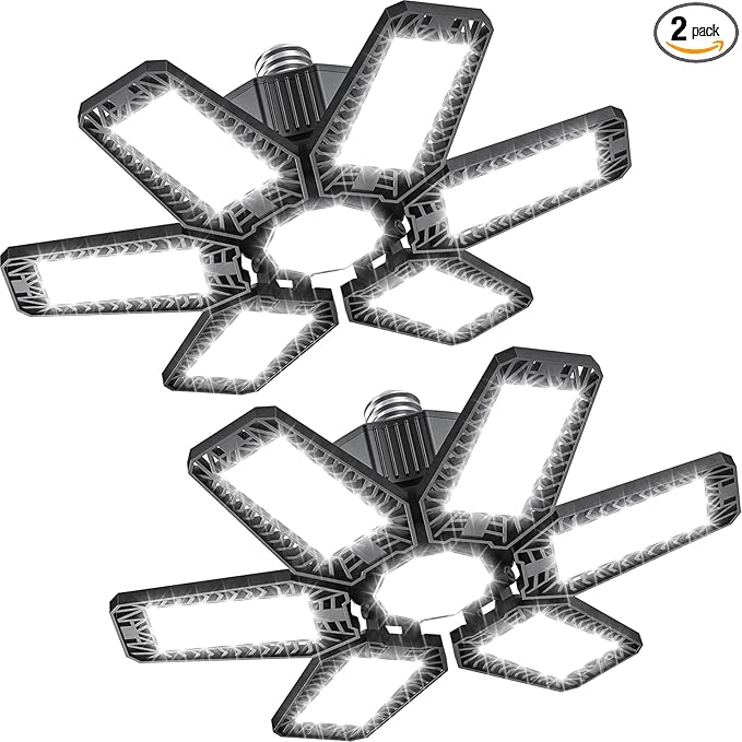 2 Pack Garage Light - 180W 18000 LM 6500K Deformable Garage Lights Ceiling LED with 6+1 Adjustable Panels, Shop Lights E26/E27 Screw Socket for workshops, Parking, Basement, Storage Room