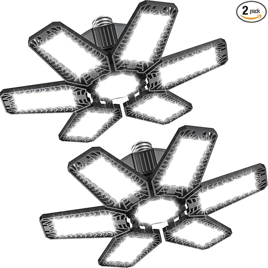 2 Pack Garage Light - 180W 18000 LM 6500K Deformable Garage Lights Ceiling LED with 6+1 Adjustable Panels, Shop Lights E26/E27 Screw Socket for workshops, Parking, Basement, Storage Room