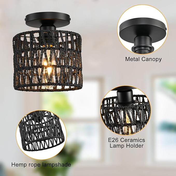 Ceiling Light Fixture,Hand-Woven Rattan Flush Mount Ceiling Light,Farmhouse Light Fixtures Ceiling Mount Boho for Hallway Bedroom Kitchen Entryway Living Room