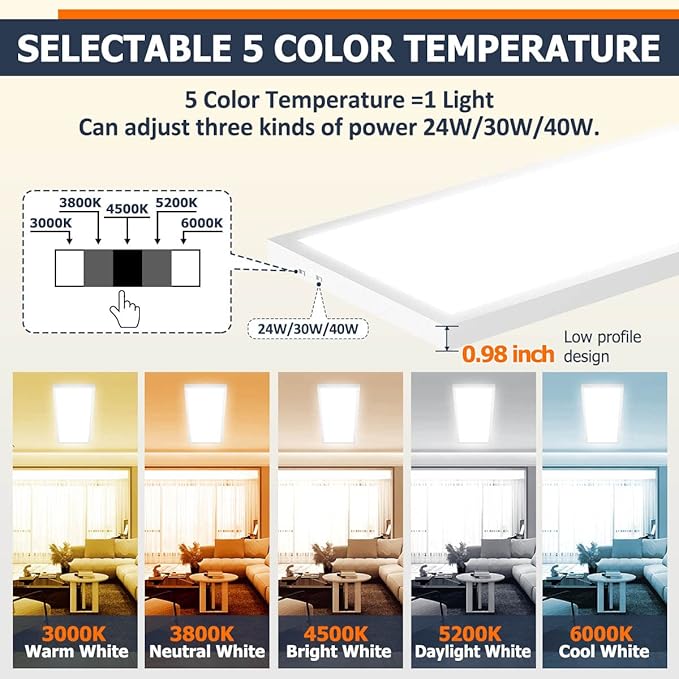 1x4 Led Flat Panel Light Surface Mount Ceiling Light, 5CCT 3000K/3800K/4500K/5200K/6000K Dimmable, 24W/30W/40W 4980LM Edge-Lit, Flush Mount or Drop Ceiling for Office Kitchen Garage, White 2-Pack