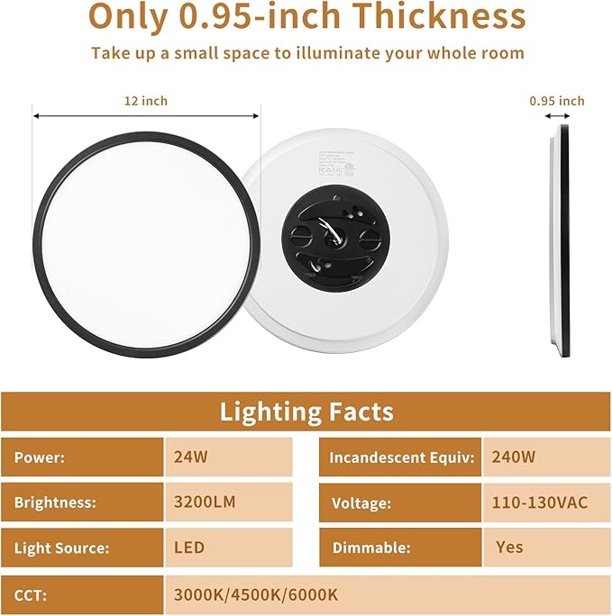 6-Pack 12Inch LED Ceiling Lights Flush Mount Black 3200LM, Dimmable Ceiling Light Fixtures, 3000K 4500K 6000K CCT, 24W Super Slim Low Profile Modern Ceiling Light for Bedroom Bathroom Hallway Kitchen