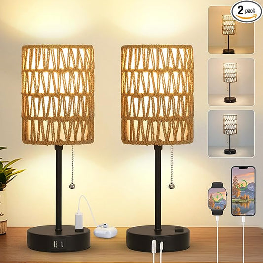 Rattan Bedside Table Lamps Set of 2 - Boho Lamps With 3 Color Temperatures & USB AC Port, Pull Chain Table Lamp For Bedroom, Cute Small Lamp For Nightstand Office Desk Bed Side End Table Living Room