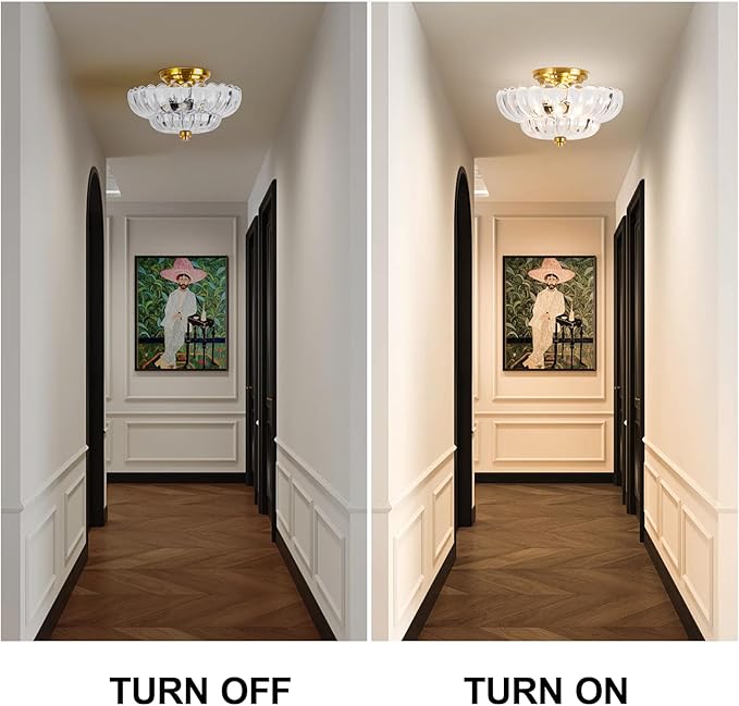 Gold Semi Flush Mount Ceiling Light Fixture, Vintage Clear Glass Ceiling Lights, 3-Light Close to Ceiling Lights for Closet, Hallway, Kitchen, Dining Room