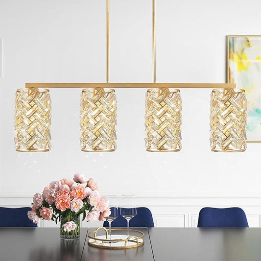 CATINER Gold Crystal Kitchen Island Lighting 40" Modern Linear Chandelier 4 Lights Ceiling Pendant Light Fixture Luxury for Kitchen Dining Room Living Room
