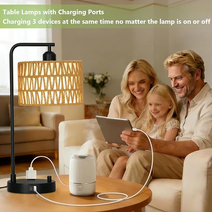 Dimmable Rattan Lamp Set of 2 with Bulbs, Boho Table Lamps with USB Charging Ports and Outlet, Wicker Bedside Lamps for Bedroom Living Room Side Table, Tall Desk Lamp for Bohemian Home Office