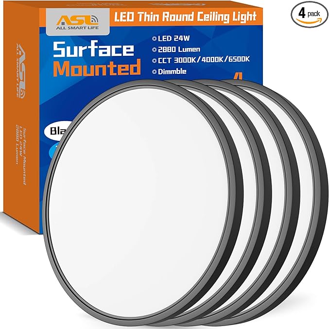 Allsmartlife 4-Pack Led Flush Mount Ceiling Light 12 inch, 24W 2880lm Dimmable CCT 3000K/4000K/6500K Edge-Lit Thin White Round Led Surface Mount Light for Kitchen，Hallway，Bedroom