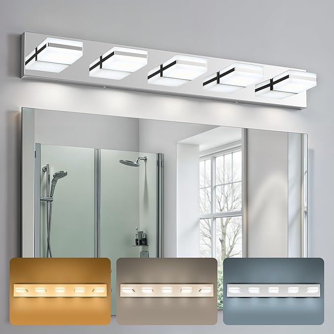 VONLUCE Bathroom Vanity Light Fixture, 5-Light Modern LED Vanity Light, 3CCT Adjustable Bathroom Lights with Memory Function Rotatable Shades, 34" Wall Lighting Fixture Over Mirror, Chrome
