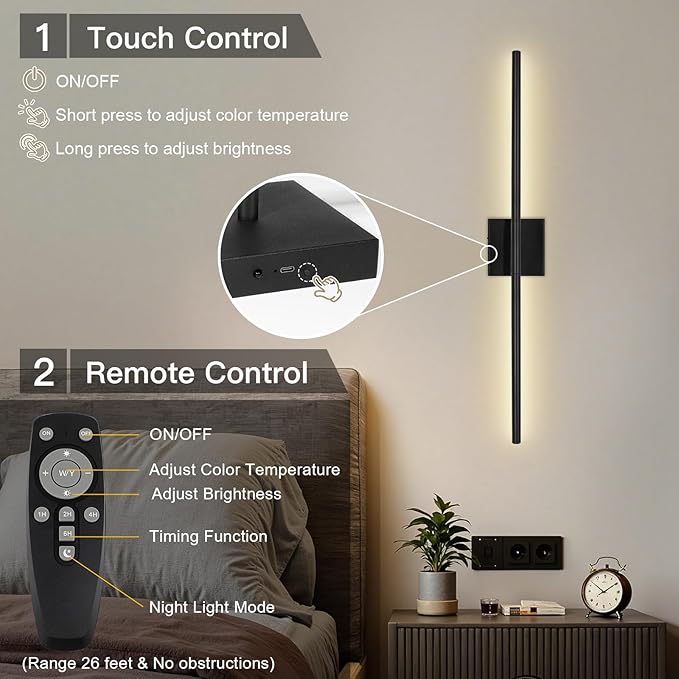 Battery Operated Wall Sconces Set of Two - Wireless Rechargeable Wall Light with Remote - Black LED Wall Lamp Dimmable Modern Home Decor for Bedroom Living Room 31.5 Inch (2 Pack)