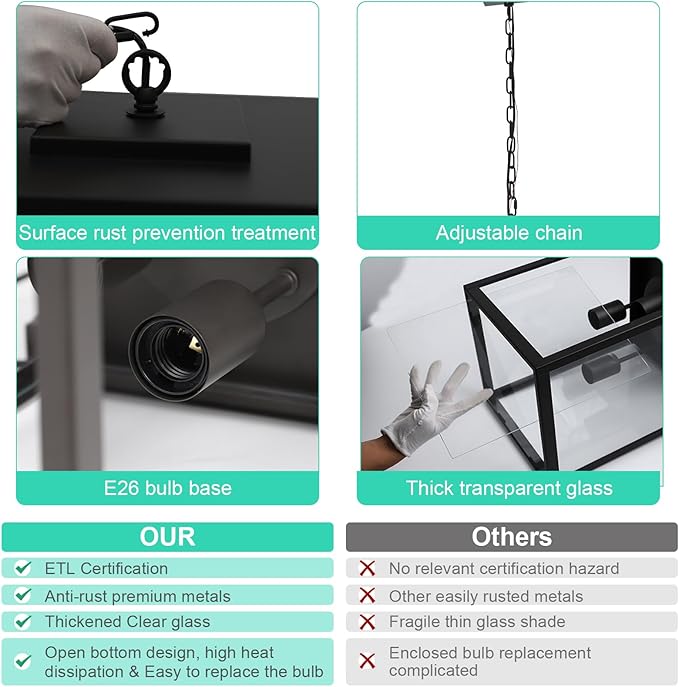 Yaohong 4-Lights Outdoor Pendant Light Fixture with Clear Glass, Oil Rubbed Bronze Farmhouse Exterior Ceiling Hanging Light Fixture with Adjustable Chain, Outdoor Hanging Lantern for Porch Entrance