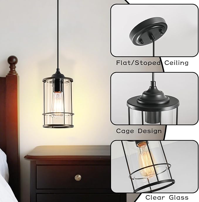 AKEZON Black Pendant Light Kitchen Island Glass Pendant Light Fixture, Kitchen Hanging Lights with Clear Glass, Modern Farmhouse Cage Pendant Lights for Dining Room Hallway Bathroom