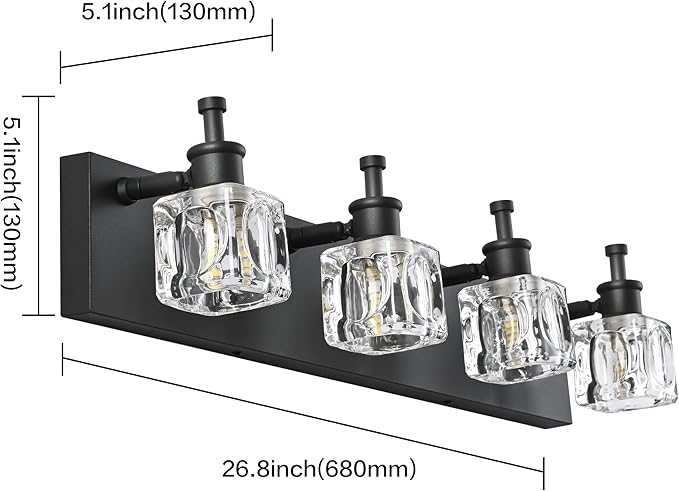 PRESDE Modern Crystal Vanity Light for Bathroom Light Fixtures Over Mirror Matte Black 4 Light Bathroom Lighting