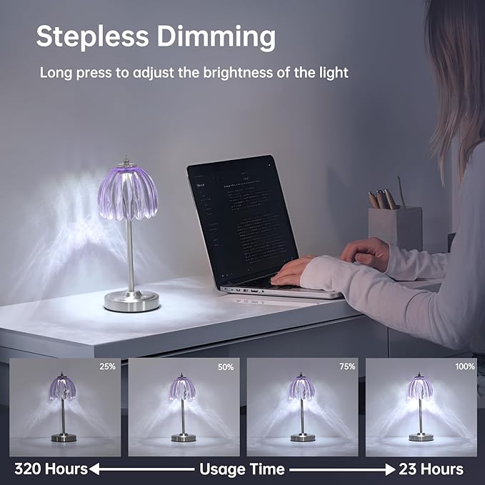 Shenmoyl Tulip Table Lamp with 5200mAh Battery & Touch Control, Cordless Small Table Lamp with 3 Colors, Dimmable Rechargeable Table Lamps for Living Room, Bedroom, Desk, Bedside (Clear Purple Tulip)